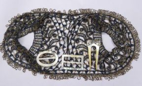 LARGE MOTHER OF PEARL TWO PRONGED HAIR COMB, with carved and pierced floral and scroll top, 5in (