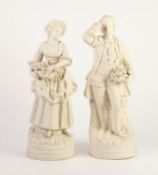 PAIR OF VICTORIAN PARIAN PORCELAIN FIGURES, male and female figures, each carrying flower filled