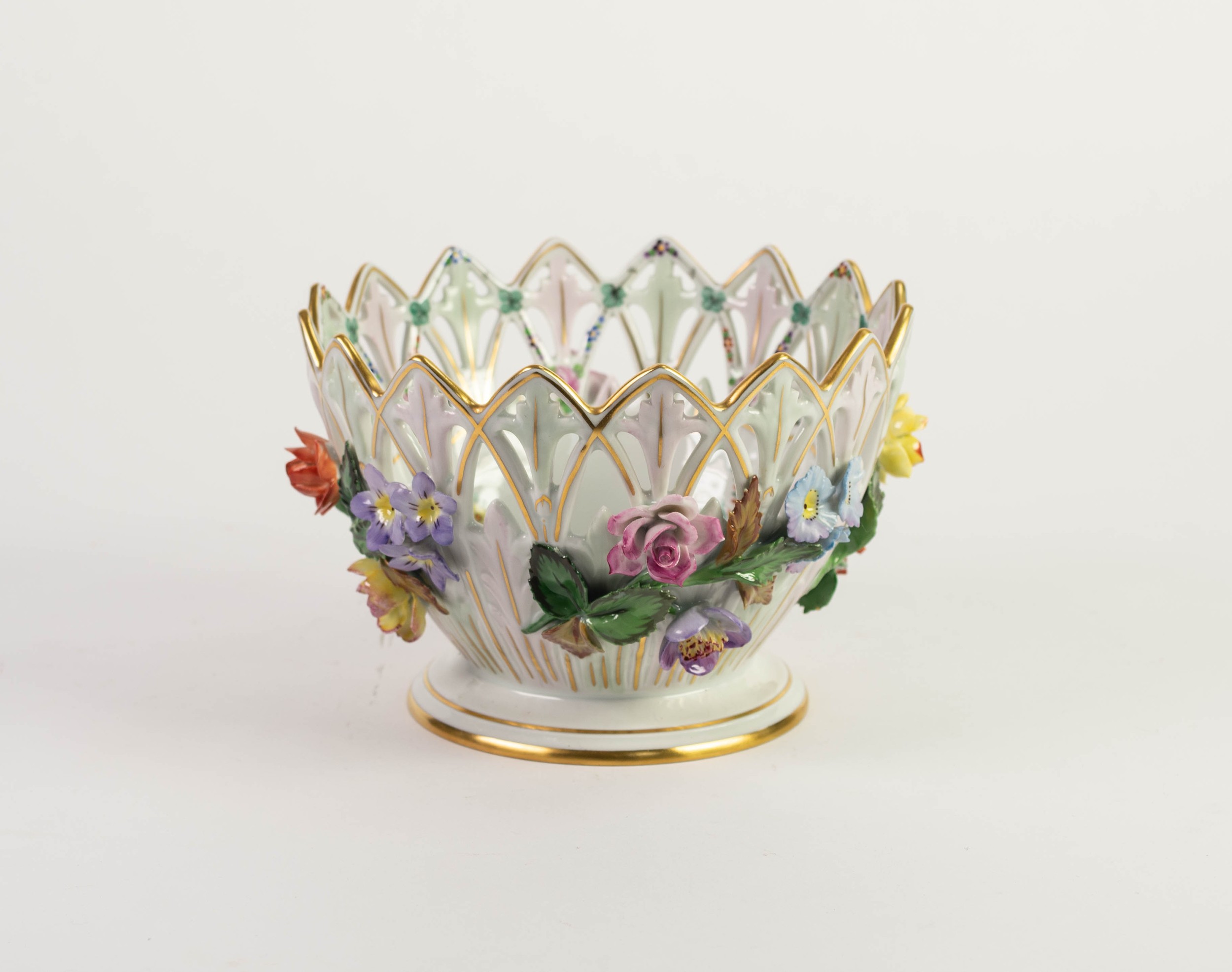 MODERN DRESDEN FLORAL ENCRUSTED AND PIERCED PORCELAIN FOOTED BOWL, of steep sided form with deep - Image 2 of 5