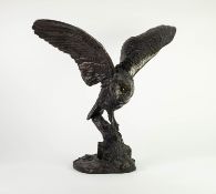 JEANNE RYNHART (1946-2020) BRONZED RESIN SCULPTURE Modelled as a perched barn owl about to take