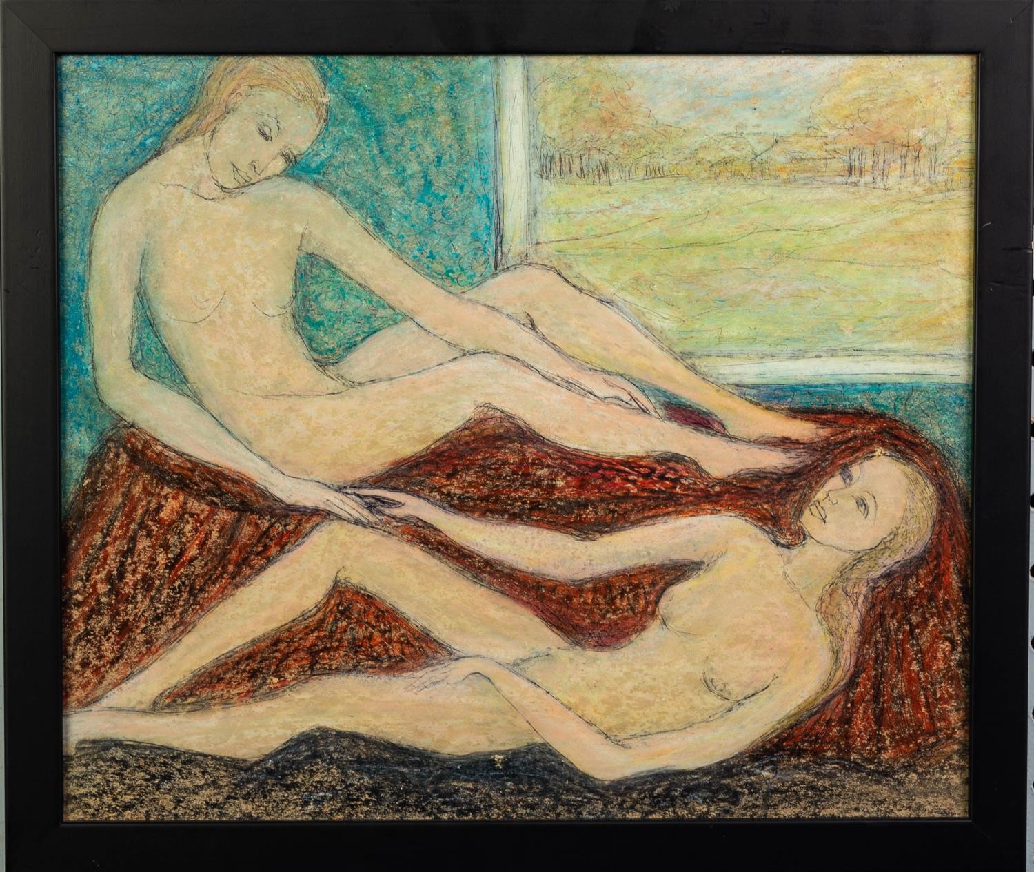 GOLDA ROSE (1921-2016) MIXED MEDIA ON BOARD Two naked female bathers Unsigned and untitled - Image 2 of 2