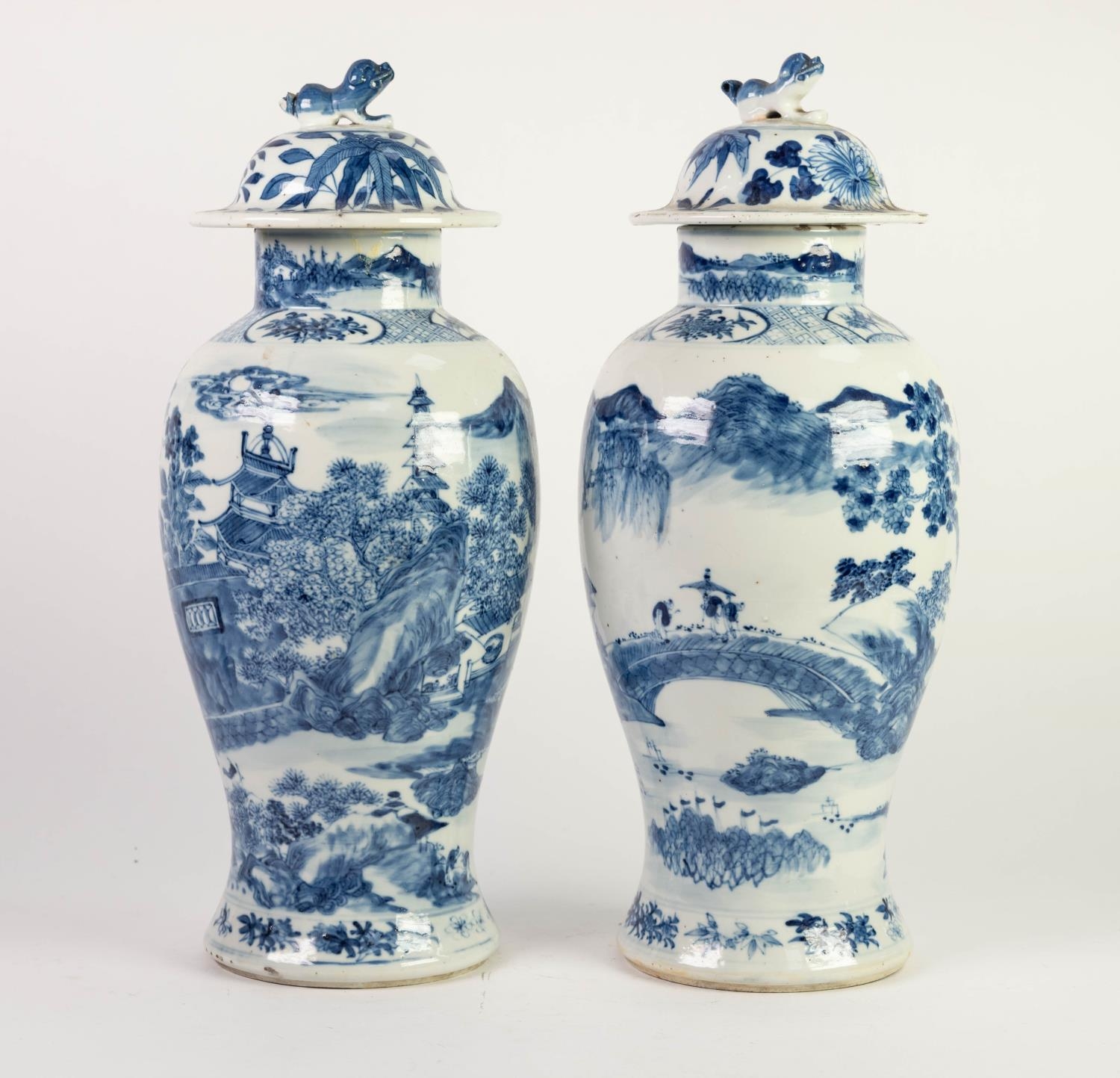 PAIR OF NINETEENTH CENTURY CHINESE BLUE AND WHITE PORCELAIN VASES WITH LATER COVERS, each well - Image 2 of 3