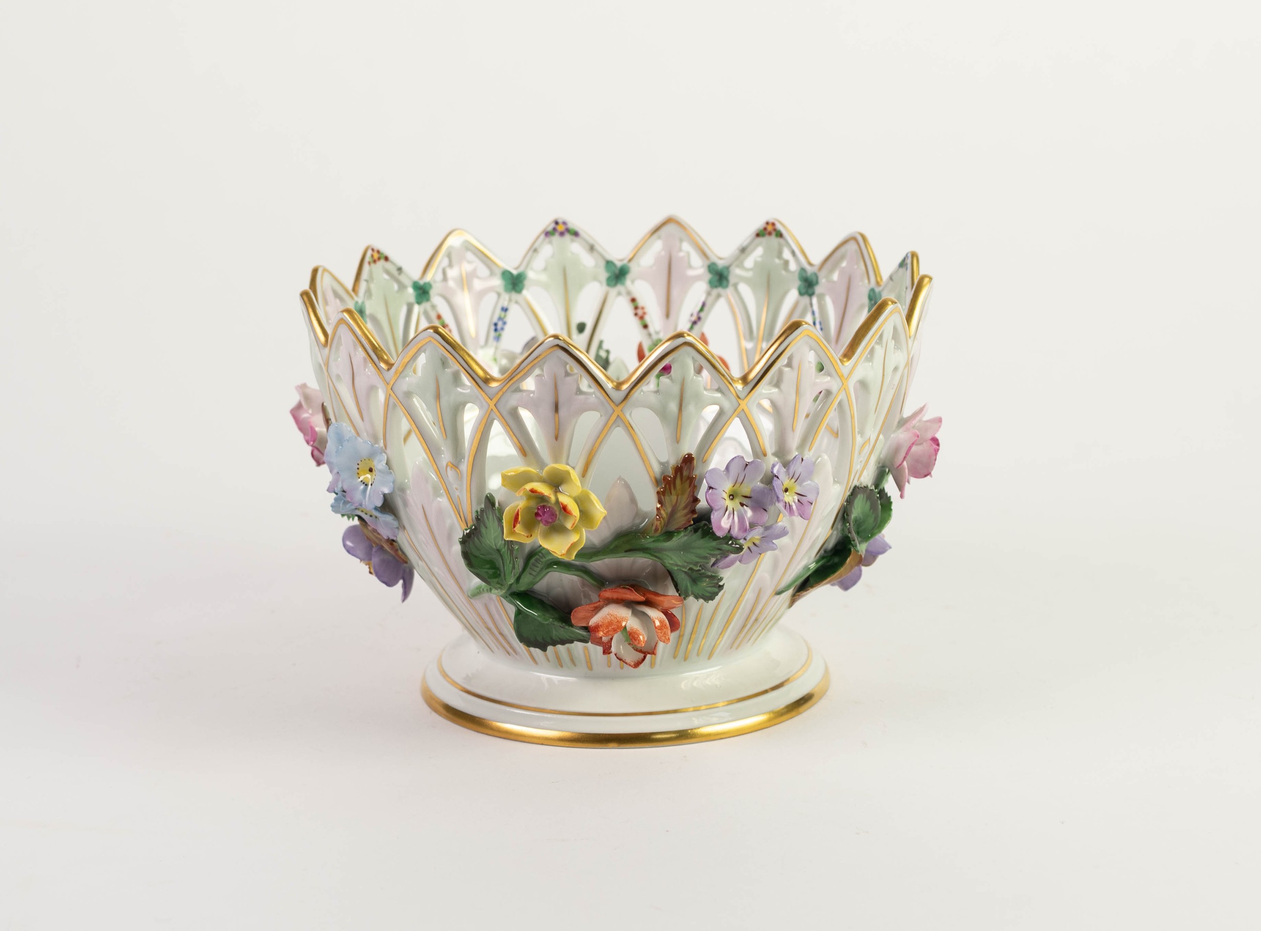 MODERN DRESDEN FLORAL ENCRUSTED AND PIERCED PORCELAIN FOOTED BOWL, of steep sided form with deep