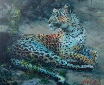 ROLF HARRIS (b.1930) ARTIST SIGNED LIMITED EDITION COLOUR PRINT ON CANVAS ?Leopard Reclining at