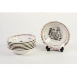 SET OF EIGHT NINETEENTH CENTURY SUNDERLAND LUSTRE PORCELAIN SAUCER DISHES, each bat printed with two