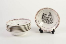 SET OF EIGHT NINETEENTH CENTURY SUNDERLAND LUSTRE PORCELAIN SAUCER DISHES, each bat printed with two