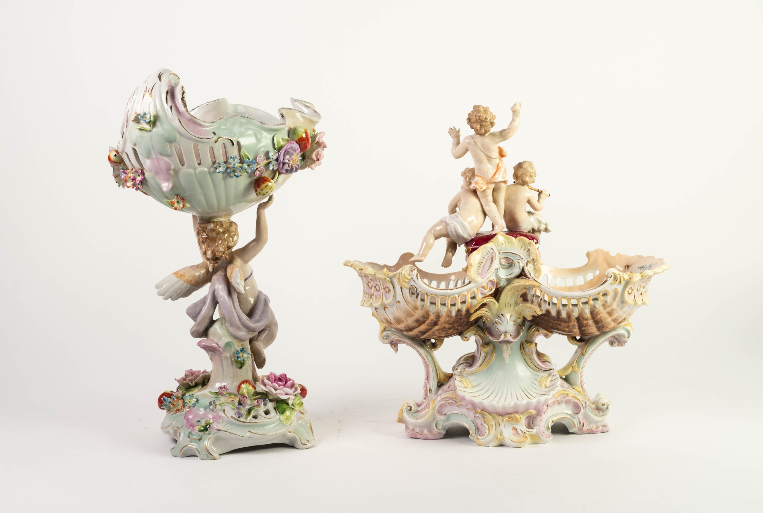 LATE 19th/EARLY 20th CENTURY GERMAN PORCELAIN POSY HOLDER, the two openwork shell form receivers - Image 2 of 2