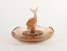 ART DECO BROWN STAINED AND MOULDED GLASS CENTREPIECE/ POSY BOWL, of typical form with leaping fish