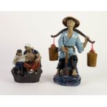TWO MODERN ORIENTAL PART GLAZED POTTERY FIGURES, one modelled as a seated man and boy reading,