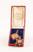 TWO 9ct GOLD PRIZE MEDALLIONS FOR LAWN BOWLS 1931/32, 11.8gms, in a red morocco case ?Fattorini &