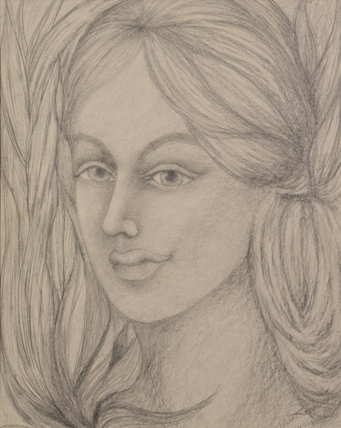 GOLDA ROSE (1921-2016) THREE PENCIL FEMALE FACE PORTRAITS ?Innocence? ?Mystique? Signed and dated - Image 2 of 3