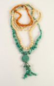 TURQUOISE BEAD NECKLACE with turquoise disc pendant with four strand drop; a SINGLE STRAND