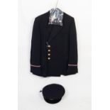 PROBABLY MERCHANT NAVY UNIFORM, the epaulette and arm stripes in purple and gold, viz a cap with