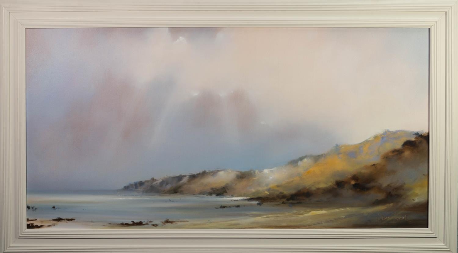 CLAIRE GROSE (MODERN) OIL ON CANVAS ?Light Over the Bay? Signed, titled to gallery label verso 29 ½? - Image 2 of 2