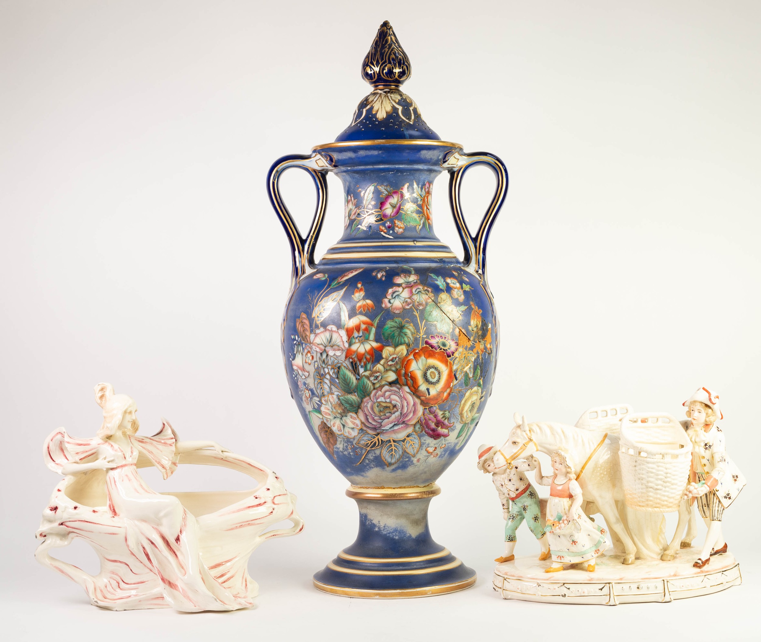 TALL, LATE VICTORIAN STAFFORDSHIRE POTTERY TWO HANDLED COVERED PEDESTAL VASE, (badly damaged and