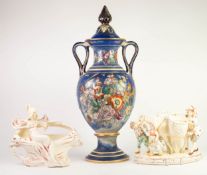 TALL, LATE VICTORIAN STAFFORDSHIRE POTTERY TWO HANDLED COVERED PEDESTAL VASE, (badly damaged and