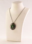 Brooks & Bentley SILVER AND GREEN ENAMELLED OVAL PENDANT on a FINE SILVER CHAIN NECKLACE, 21?