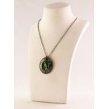 Brooks & Bentley SILVER AND GREEN ENAMELLED OVAL PENDANT on a FINE SILVER CHAIN NECKLACE, 21?