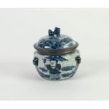 ORIENTAL BLUE AND WHITE CRACKLE GLAZED CIRCULAR JAR AND COVER, with shi-shi pattern finial to the