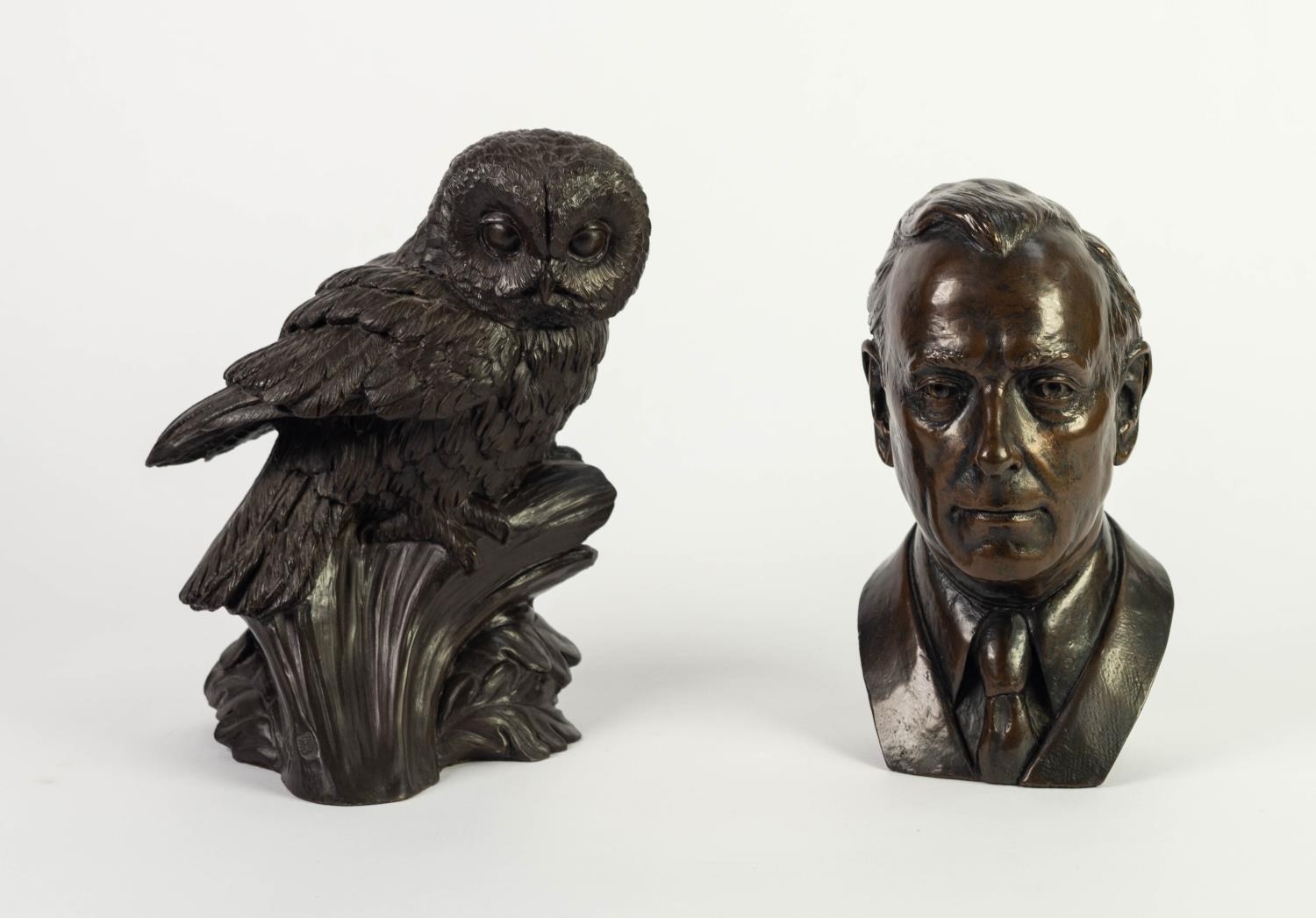 TOM MACKIE FOR HEREDITIES BRONZED RESIN SCULPTURE Modelled as an owl perched on an oak tree branch