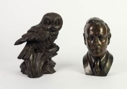 TOM MACKIE FOR HEREDITIES BRONZED RESIN SCULPTURE Modelled as an owl perched on an oak tree branch