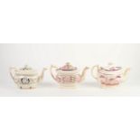 THREE NINETEENTH CENTURY SUNDERLAND LUSTRE POTTERY TEAPOTS AND COVERS, two of rounded oblong form,