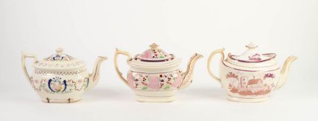 THREE NINETEENTH CENTURY SUNDERLAND LUSTRE POTTERY TEAPOTS AND COVERS, two of rounded oblong form,