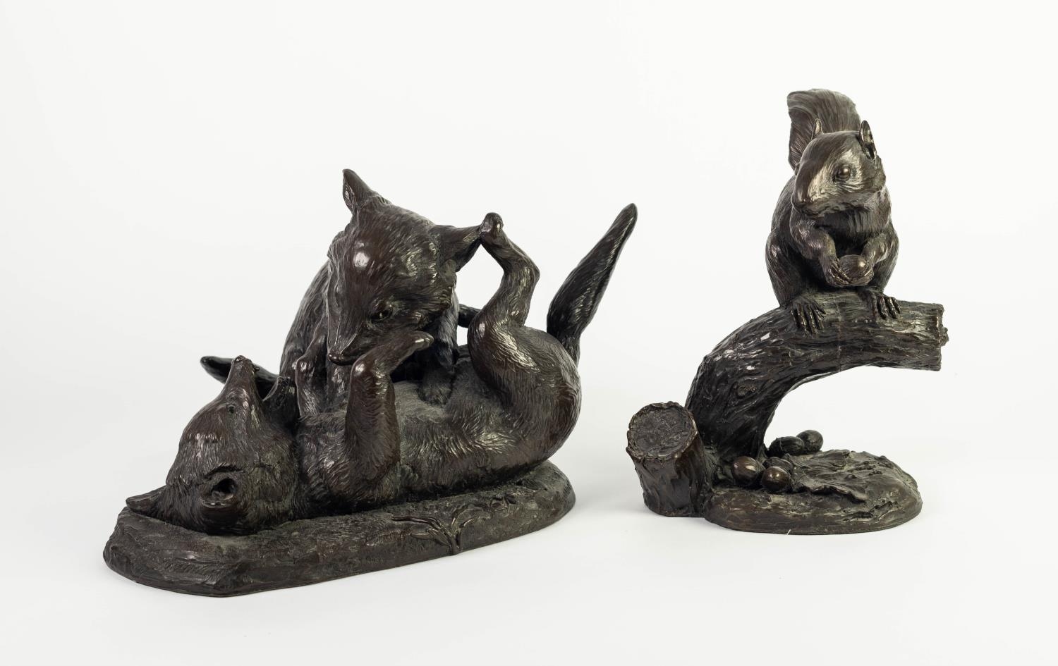 JEANNE RYNHART (1946-2020) TWO BRONZED RESIN SCULPTURES Two fox cubs fighting 12? x 12? (30.5cm x