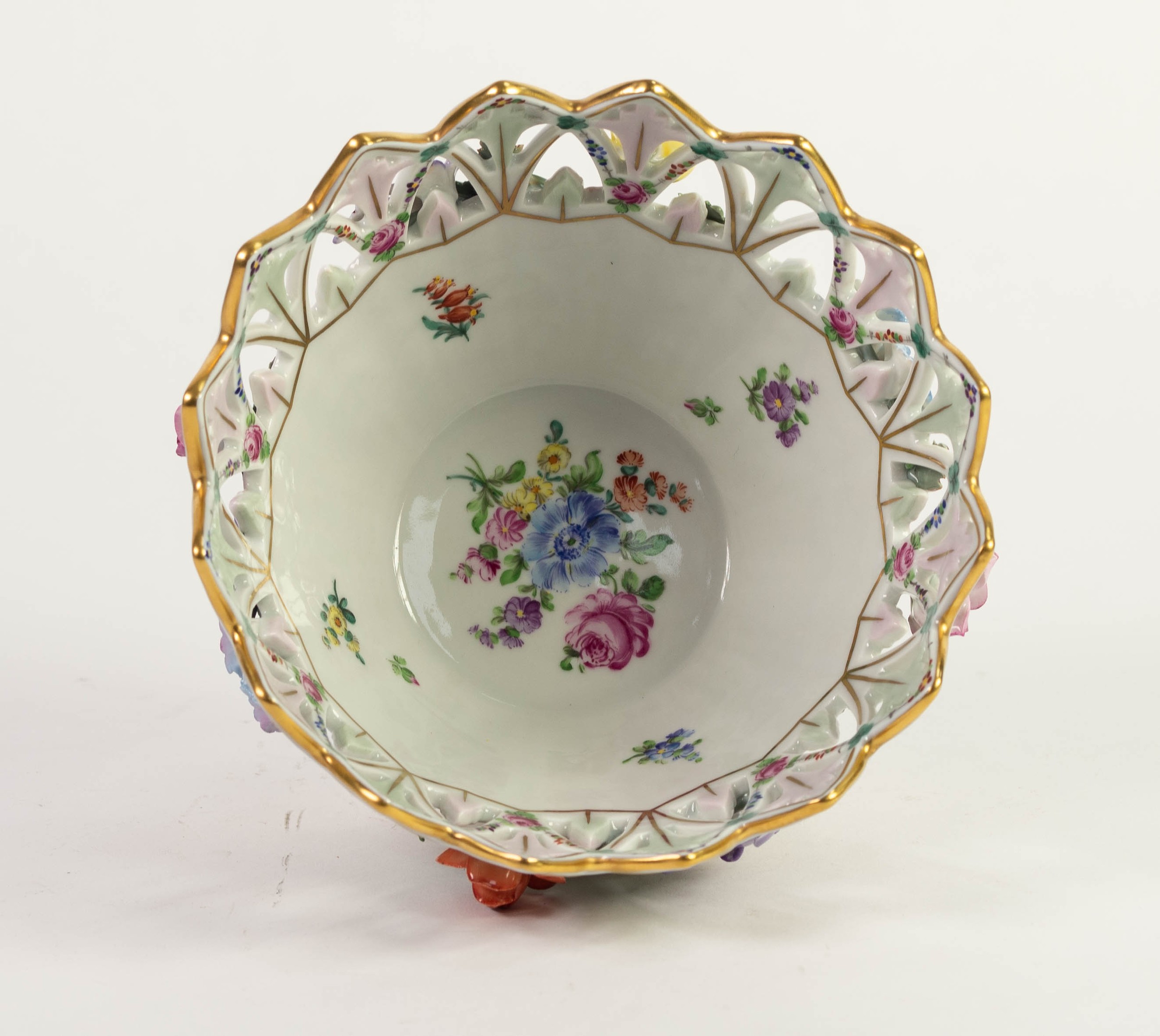 MODERN DRESDEN FLORAL ENCRUSTED AND PIERCED PORCELAIN FOOTED BOWL, of steep sided form with deep - Image 4 of 5