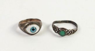 SILVER GEORGIAN STYLE 'LOVERS EYE' RING set with a lozenge shaped blue glass eye and a CELTIC