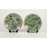 TWO CHINESE CELADON GLAZED PORCELAIN PLATES, each painted with flowers, birds and butterflies,