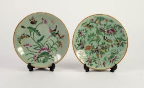 TWO CHINESE CELADON GLAZED PORCELAIN PLATES, each painted with flowers, birds and butterflies,