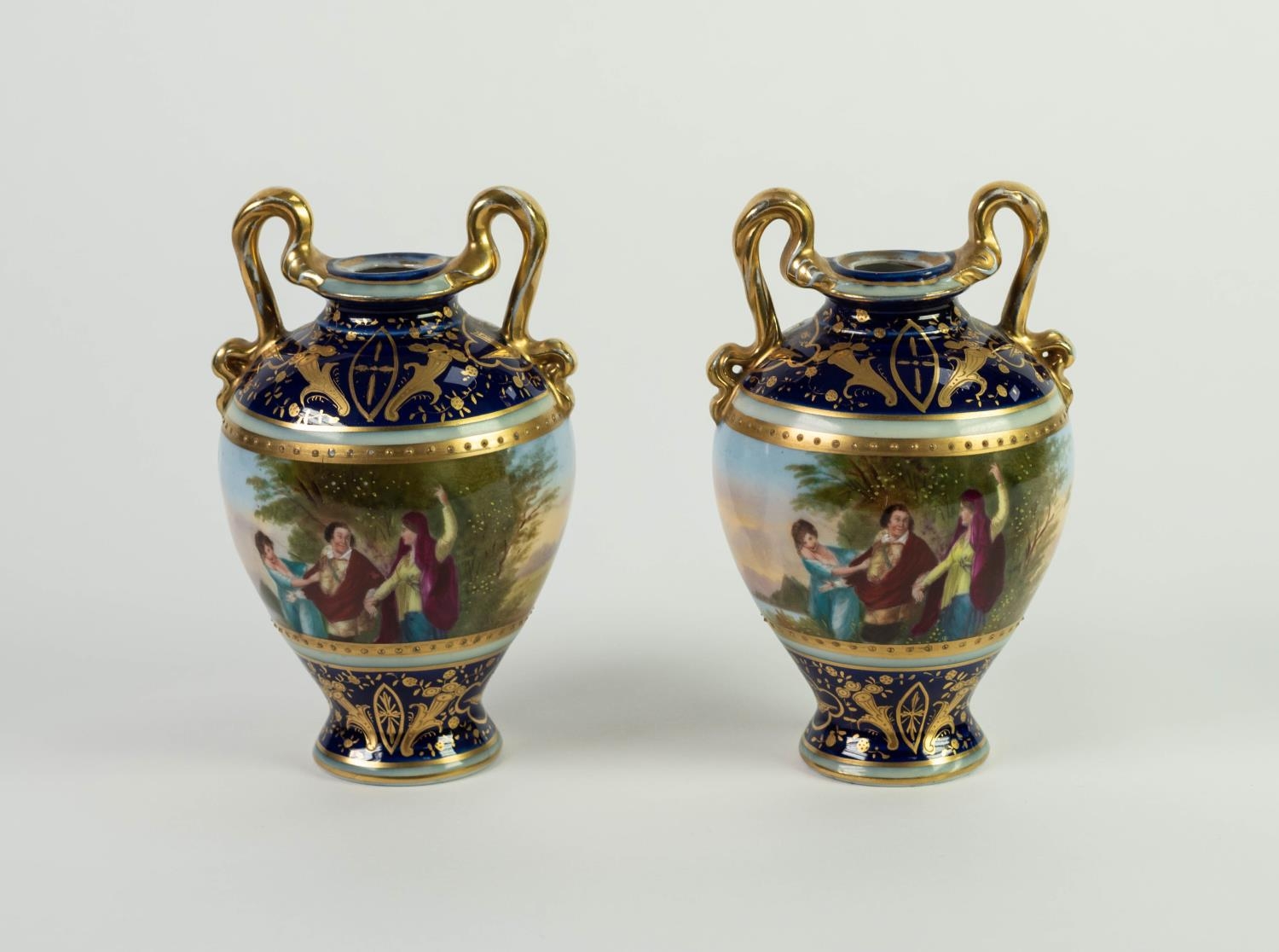PAIR OF LATE NINETEENTH CENTURY AUSTRIAN PORCELAIN TWO HANDLED VASES, each of ovoid form with high - Image 2 of 2