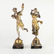 PAIR OF FRENCH PARCEL GILT AND SILVERED SPELTER FIGURES, ?TELEPHONE?, modelled as classical