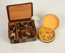 CARD BOX containing a set of three small rolled gold DRESS BUTTONS with mother of pearl tops and a