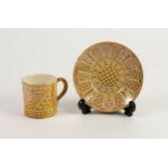 CANTAGALLI, ITALIAN GOLD LUSTRE GLAZED FAIENCE POTTERY COFFEE CAN AND SAUCER, decorated with