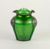 MODERN GREEN IRIDESCENT AND MOULDED GLASS VASE, of void form with wavy rim and gilt moulded fan