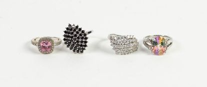 SILVER AND CUBIC ZIRCONIA COCKTAIL RING, the broad five row set with approximately 52 white CZs