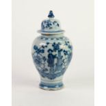 ANTIQUE BLUE AND WHITE DELFT POTTERY VASE AND COVER, of ovoid form with pointed finial to the
