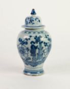 ANTIQUE BLUE AND WHITE DELFT POTTERY VASE AND COVER, of ovoid form with pointed finial to the