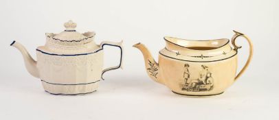 EARLY NINETEENTH CENTURY CASTLEFORD MOULDED PORCELAIN TEAPOT AND COVER, outlined in blue, together