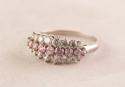 9ct GOLD DRESS RING, set with three rows of cubic zirconia, pink and white stones, 3gms, ring size