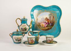 LATE NINETEENTH CENTURY SEVEN PIECE SEVRES PORCELAIN TETE-A TETE CABARET SET, painted in colours and