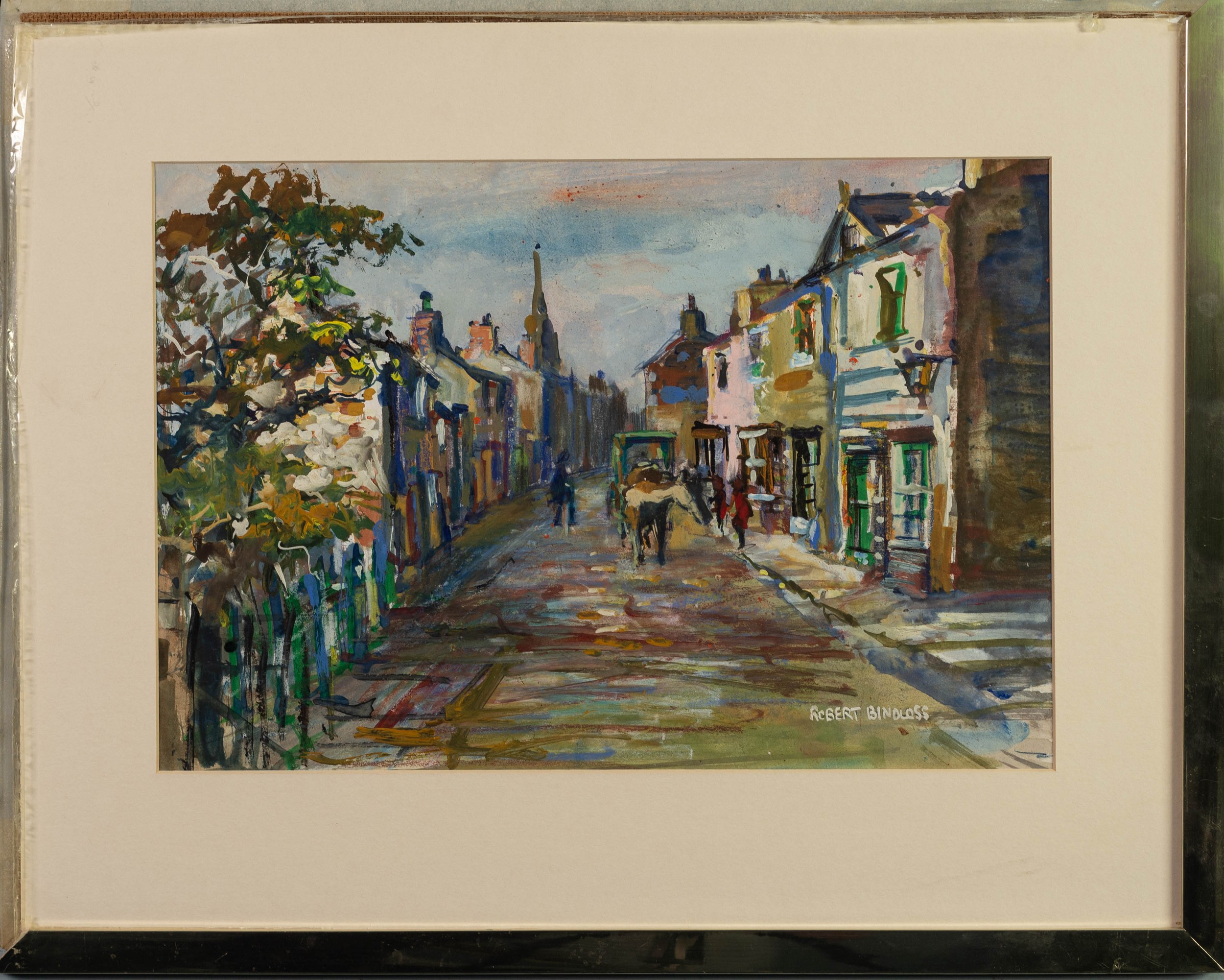ROBERT BINDLOSS (b.1939) TWO GOUACHE DRAWINGS Street scenes Both signed 9? x 13 ¼? (22.9cm x 33.7cm) - Image 2 of 4
