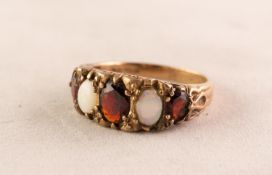 9ct GOLD RING, claw set with three oval garnets and two oval opals, embossed shoulders, 3.3gms, ring