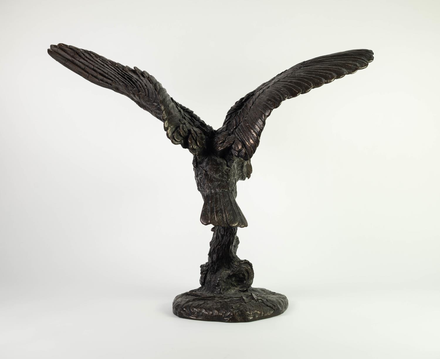 JEANNE RYNHART (1946-2020) BRONZED RESIN SCULPTURE Modelled as a perched barn owl about to take - Image 2 of 3