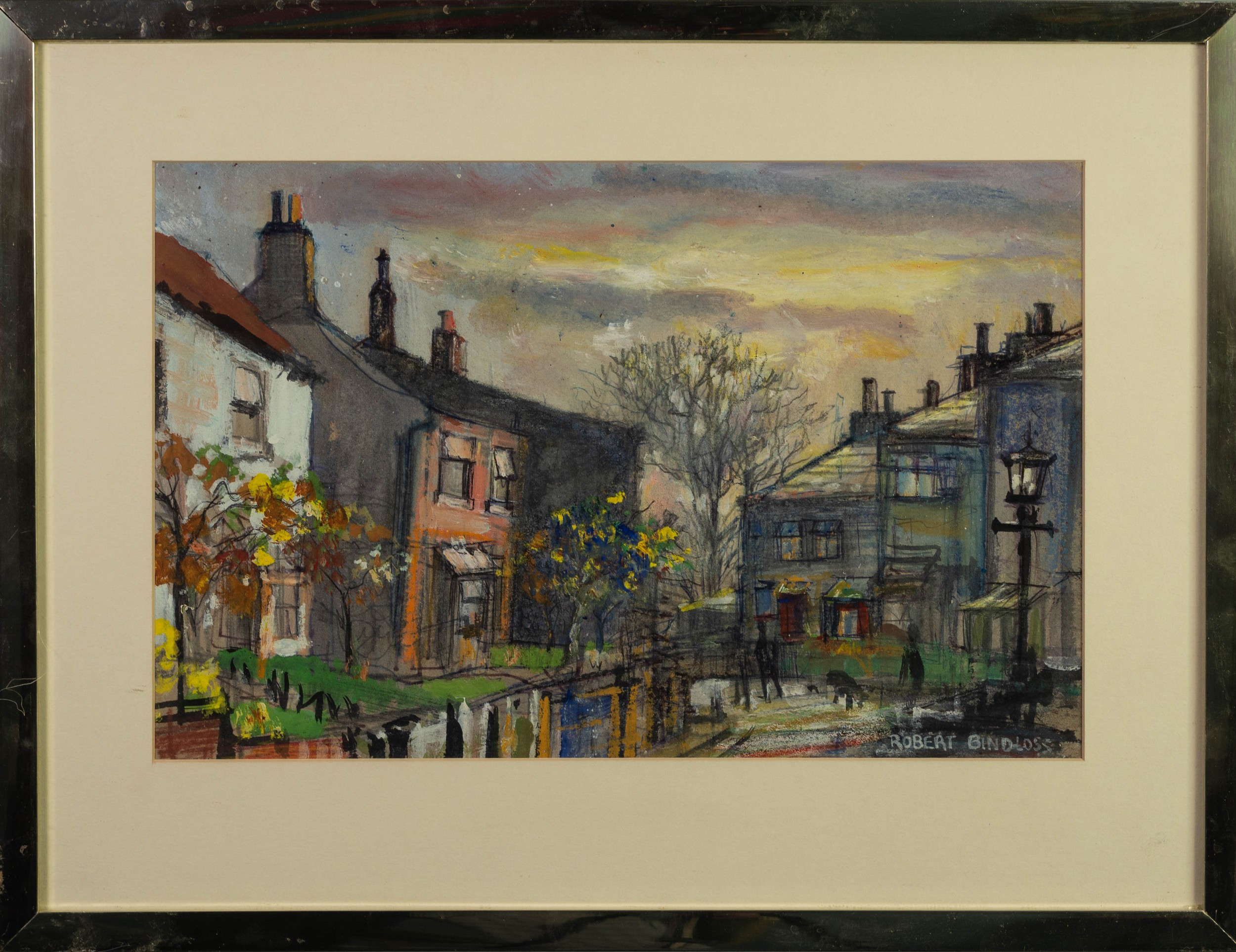 ROBERT BINDLOSS (b.1939) TWO GOUACHE DRAWINGS Street scenes Both signed 9? x 13 ¼? (22.9cm x 33.7cm) - Image 4 of 4