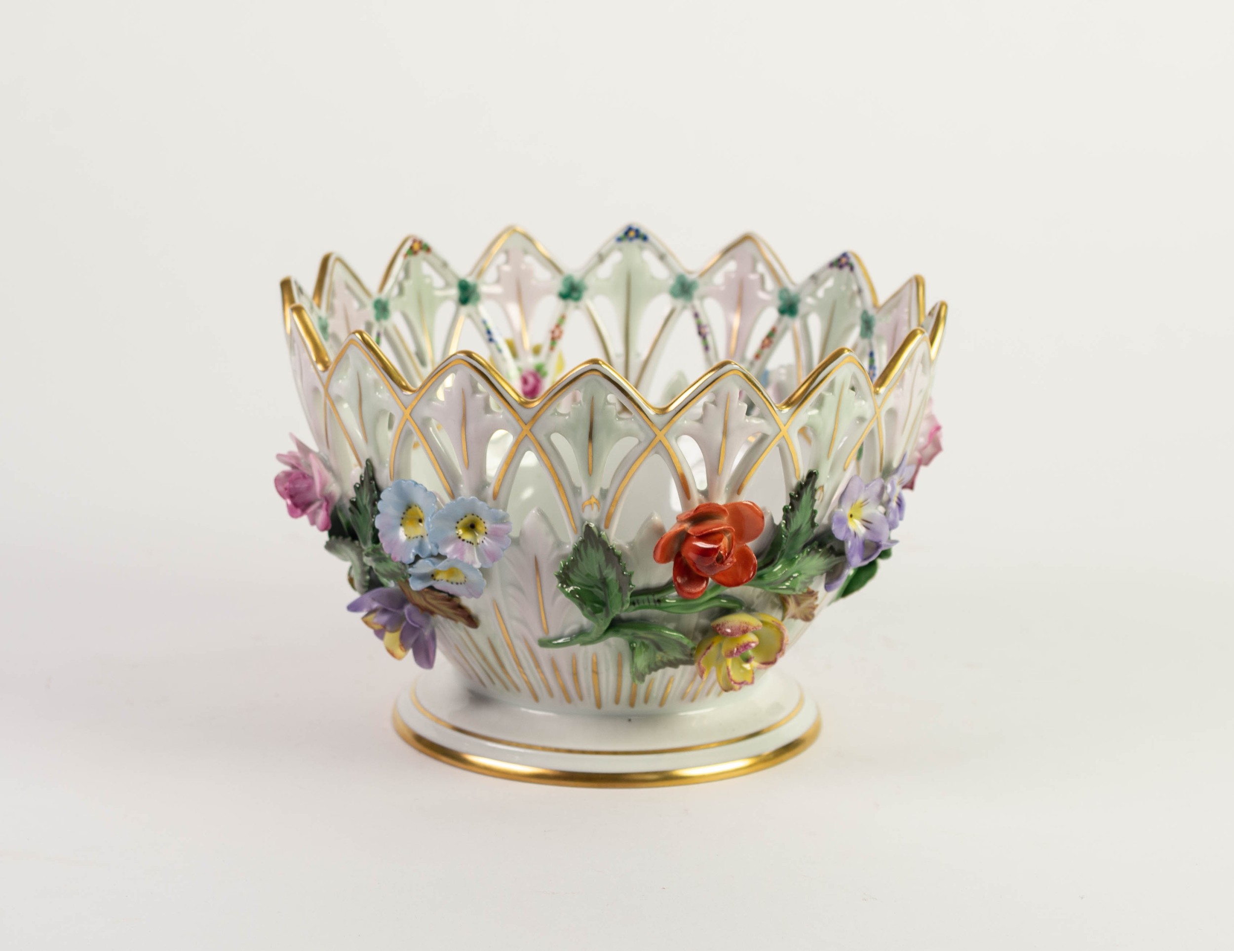 MODERN DRESDEN FLORAL ENCRUSTED AND PIERCED PORCELAIN FOOTED BOWL, of steep sided form with deep - Image 3 of 5