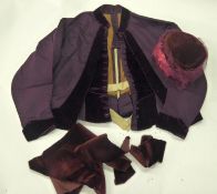 EDWARDIAN LADY'S PURPLE RAYON AND PURPLE VELVET TRIMMED TWO-PIECE SUIT, the short jacket top