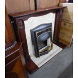A MAHOGANY FIRE SURROUND WITH MARBLE INSET AND HEARTH AND BLACK AND BRASS FIRE GRATE